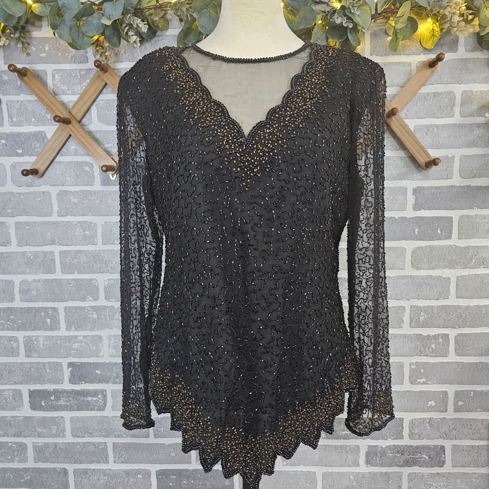 Vintage Stenay Black Beaded Silk Evening Top Sheer Sleeves Scalloped Hem Medium